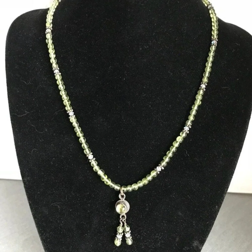 Vintage Handmade Genuine Peridot Swarovski Crystal Sterling Silver Pendant 16 In